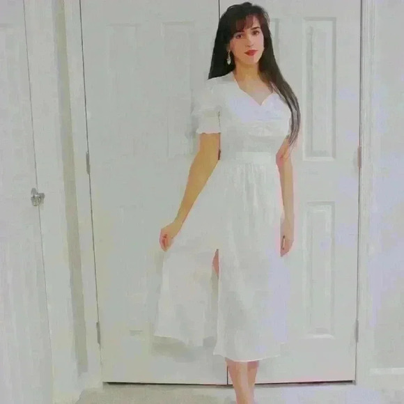 Satin Silky Soft Midi Dress Side Slit Puff Sleeve - Picture 4 of 4